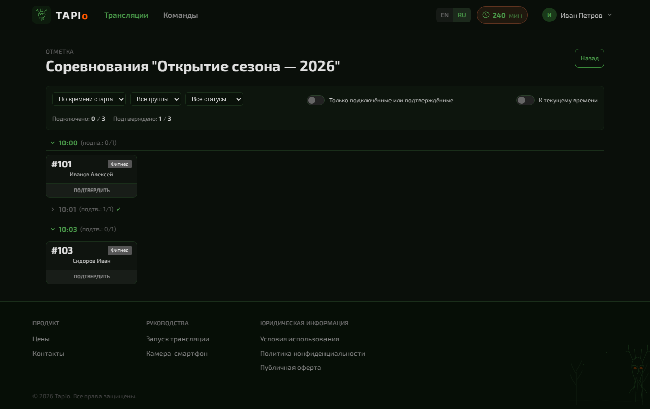 Страница чек-ина для судьи на старте